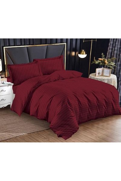 OEM Lenjerie de pat dublu, cearsaf cu elastic, Damasc, 4 piese, Uni, 180x200cm, Visiniu