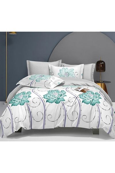 OEM Double bed linen with two sides, Floral turquoise print, 4 pieces, for 2 people, 180x200cm, Satin Co