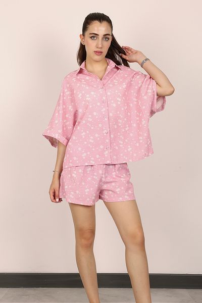 Stil Sepeti Set de mini pantaloni scurți cu pliuri duble pentru femei, cu model roz, TL-10005840100