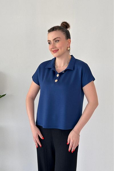 MaziButik Modal Polo Blouse Navy Blue
