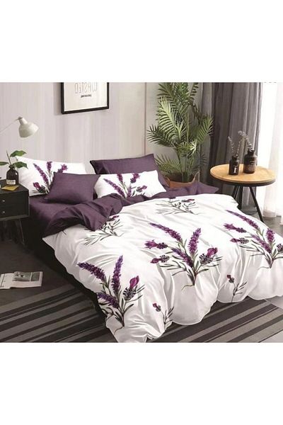 Pucioasa Set Lenjerie Pat Dublu, Pucioasa, Finet, 6 Piese, Imprimeu Lavandă, 245x250cm, Alb-Mov