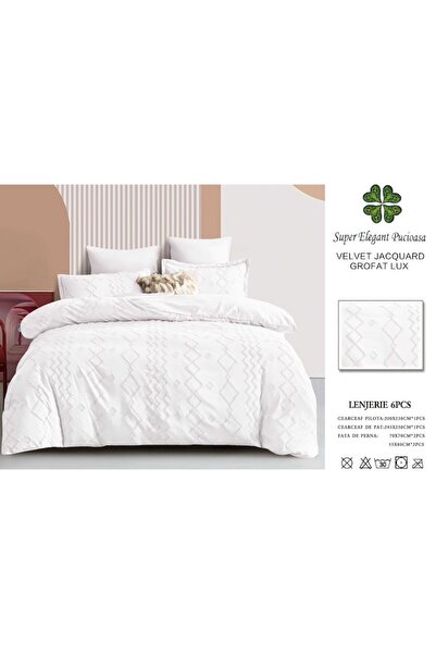 Pucioasa Lenjerie de pat dublu, Velvet Jacquard Grofat Lux M3, Pucioasa, 6 piese, 2 persoane, Alb