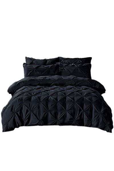 JOJO HOME Double Bed Linen Set, Jojo Home, Uni, Embroidered Pleats, 6 Pieces, Finet, 230x250cm, Black