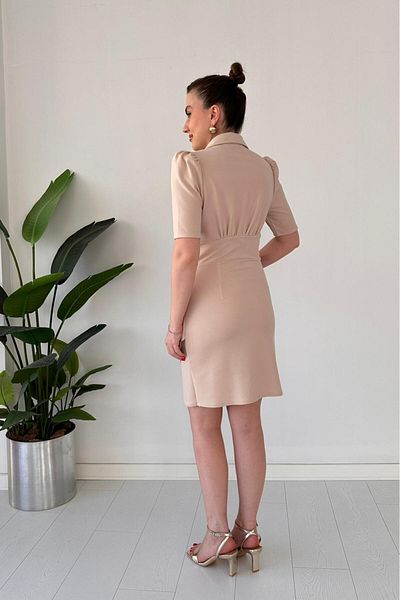 MaziButik Short Sleeve Collar Dress Beige