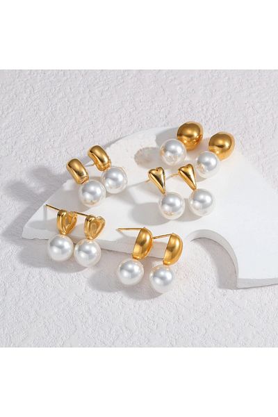 Eva Grace Doris earrings, gold, classic, with pearls, made of stainless steel - Universe of Pearls Collection