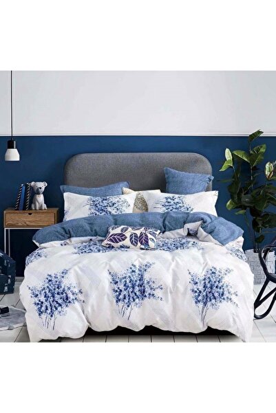 JOJO HOME Lenjerie de pat, Jojo Home, imprimeu Floral, 4 piese, 1 persoana, 155x230cm, Finet, Alb Bleumarin