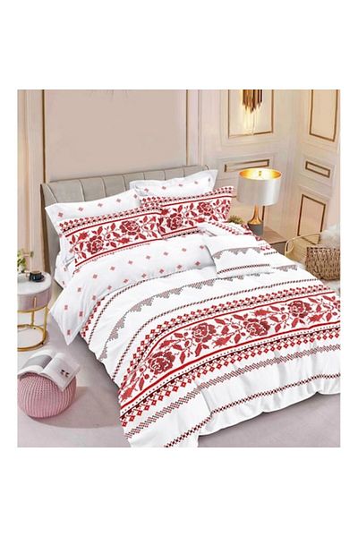 Pucioasa Double Bed Linen, Pucioasa, 6 pieces, traditional pattern, 240x250cm, M2, Cotton Satin, White Red