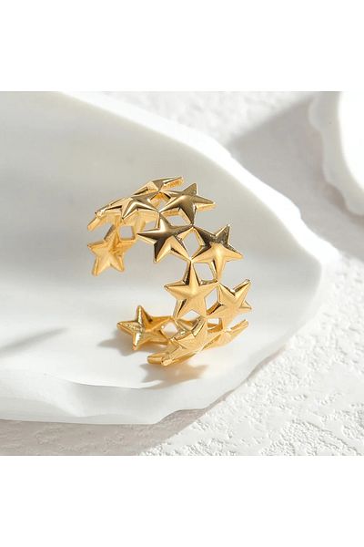 Eva Grace Carlene ring, gold, 18K gold-plated stainless steel, star pattern, adjustable