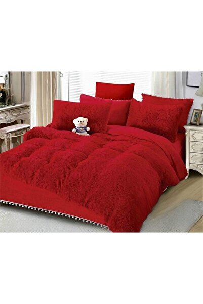 JOJO HOME Lenjerie de pat, Jojo Home, Fluffy, 2 persoane, 6 piese, Uni, 230x250cm, Rosu