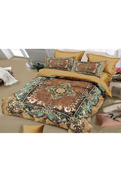 OEM Double Bed Set, Velvet, 6 Pieces, Floral Brown Print, 230x250cm