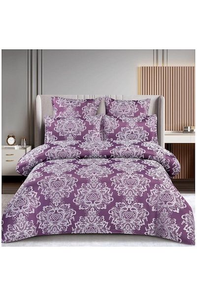 OEM Cearșaf de pat dublu, model elegant, imitație de mătase, 6 piese, 2 persoane, 180x200cm, violet-alb