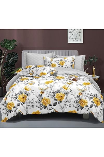OEM Double Bed Linen 2 Faces, Yellow Flower Print, 4 Pieces, 2 Persons, 180x200cm, Satin Cotton