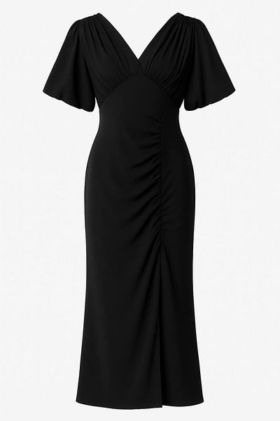 Maldia Shop Women's Draped Slit Balloon Sleeve Black Dress