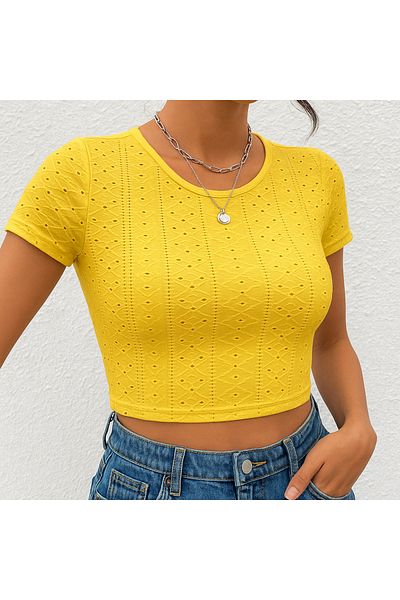 Wild Flower Lemon Yellow Waist Tie Short Sleeve Crop Blouse