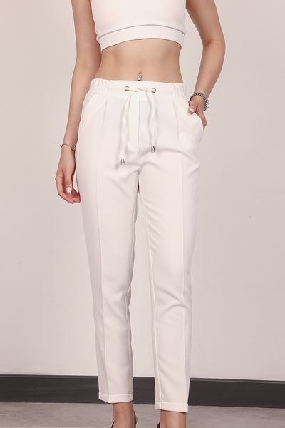 Stil Sepeti Women's White High Waist Elastic Narrow Leg Double Pocket Trousers Drl-1000464793