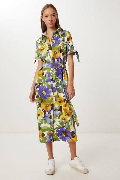 Lovelyİstanbul Belted Patterned Woven Shirt Dress Lcr0086 Purple Yellow