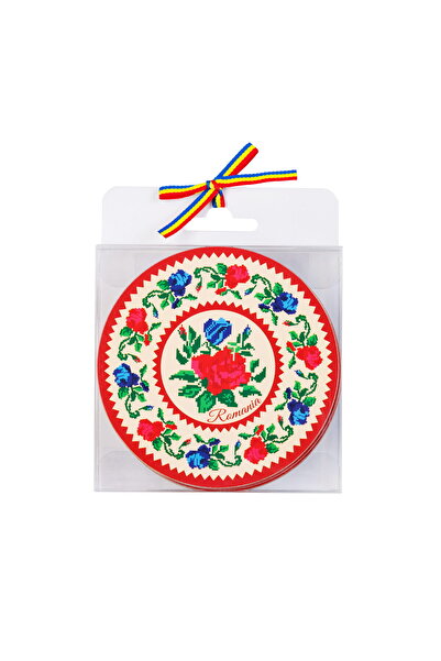 Magnetella Set 6 suporturi de pahare, cadouri traditionale, Motive Florale broderie rosie, MB446
