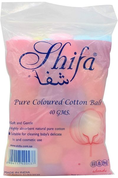 Shifa Cotton 40gm Balls Color (400536) --- 40gm colored cotton balls in a transparent bag