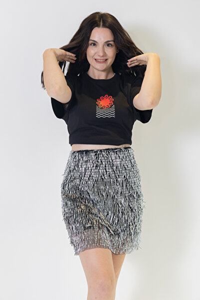 boucles Gümüş Çubuk Payetli Lastik Bel Mini Etek