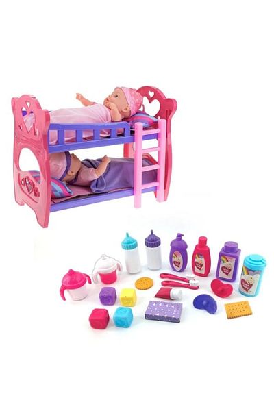 divendi-ro Set de joacă cu pat suprapus și 2 păpuși bebeluș, include accesorii, vârstă 2+ ani, 56x25x41cm, multicolor