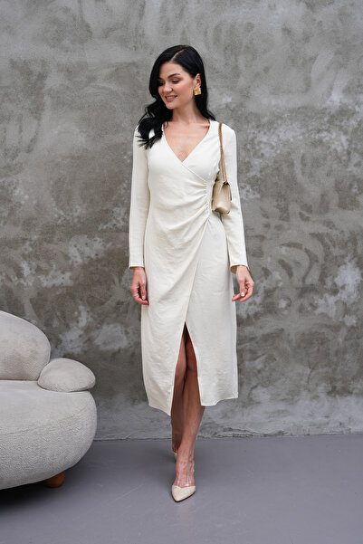 Marjinal Kadın Diana Esnek Kumaş Çapraz yaka Yırtmaç Detaylı Elbise