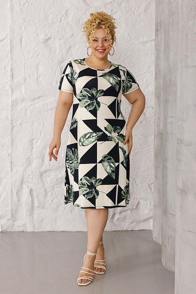 Madwilo Γυναικείο Μίντι Φόρεμα με Πράσινο Λευκό Monstera Pattern