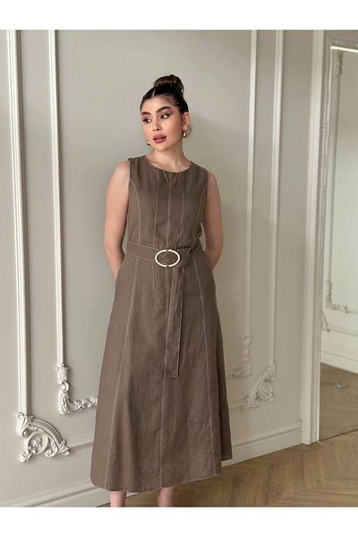 My twins Ewas Design Midi Length Belted Women's Linen Dress