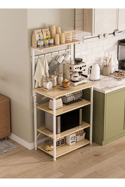 Sheinhome Kitchen Storage Rack,Coffee Corner Table with 4 Tiers,Kitchen Microwave Stand with 5 S-shaped Hooks
