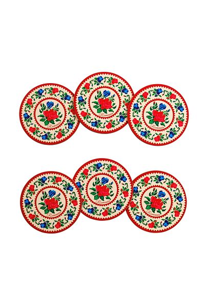 Magnetella Set of 6 coasters, traditional gifts, Floral motifs red embroidery, MB446