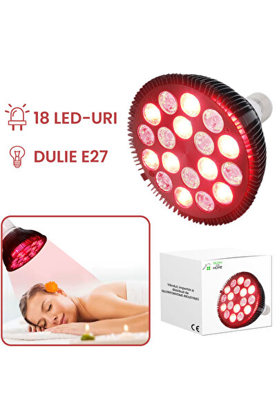 GlowforHome Bec terapeutic infrarosu GlowforHome, fototerapie dureri/articulatii, 18 LED 660/850 nm, E27, negru