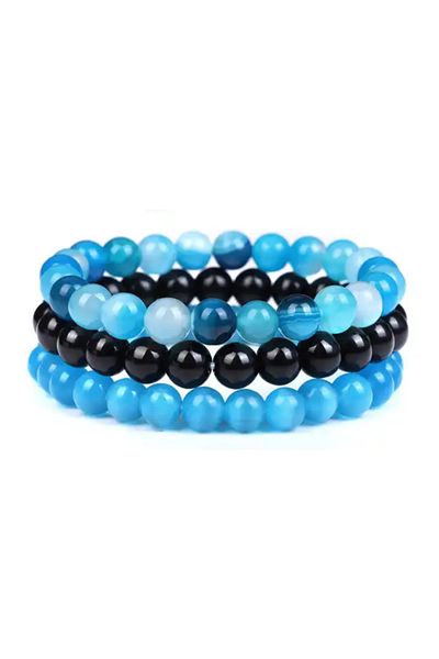 OEM SET OF 3 NATURAL CRYSTAL BRACELETS | BLUE AGATE | ONYX | BLUE CAT'S EYE | NEW BEGINNING