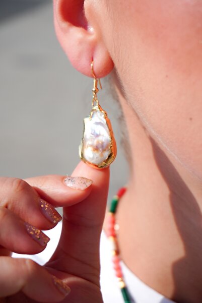 Rumon Barok İnci Doğal Taş Altın Kaplama Pirinç El Yapımı Küpe