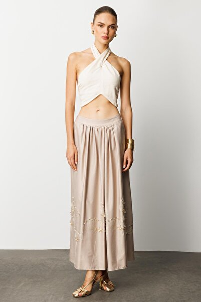 Moda İlgi Modailgi Nakış ve İnci İşlemeli Yandan Cepli Etek Taş