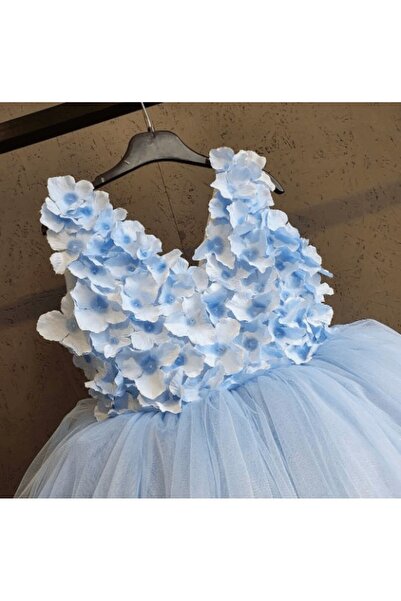 My Baby By Merry Outlet 4 yaş kız bebek mavi düğün elbisesi - çiçek detaylı doğumgünü partisi elbisesi