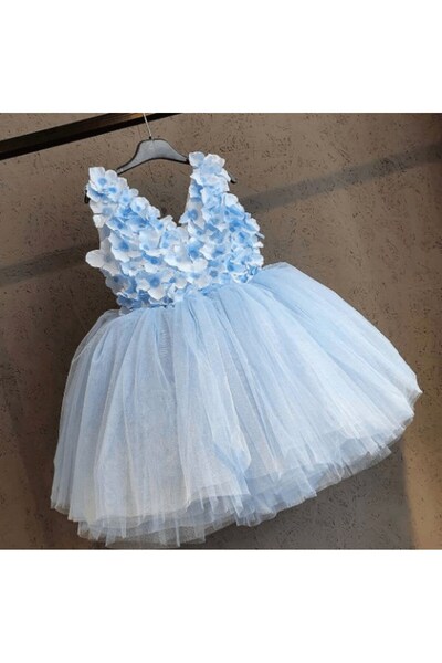 My Baby By Merry Outlet 4 yaş kız bebek mavi düğün elbisesi - çiçek detaylı doğumgünü partisi elbisesi