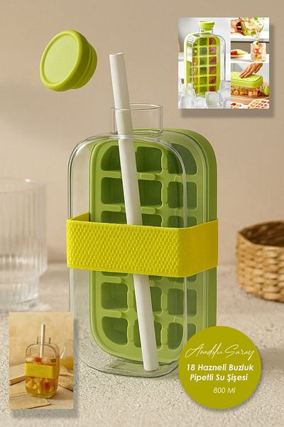 Anadolu Saray Automatic Press 18-Cup Ice Mold and Water Bottle with Straw – 800 ml Lid Ice Box