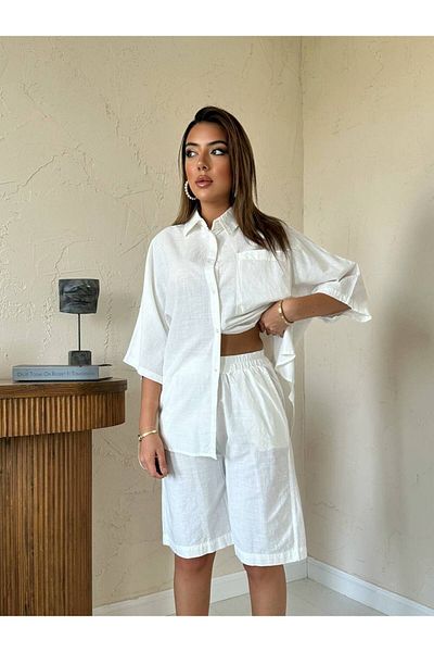 369 etnik butik طقم نسائي مكون من قميص وشورت بأكمام قصيرة مقاس كبير (بيج - أسود - فوشيا - أبيض-أخضر)