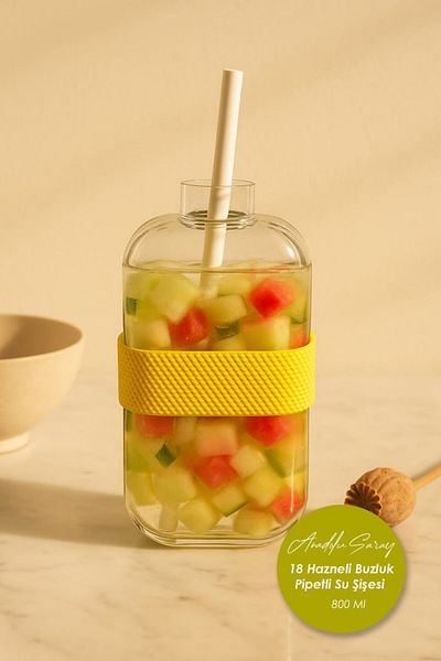 Anadolu Saray Automatic Press 18-Cup Ice Mold and Water Bottle with Straw – 800 ml Lid Ice Box