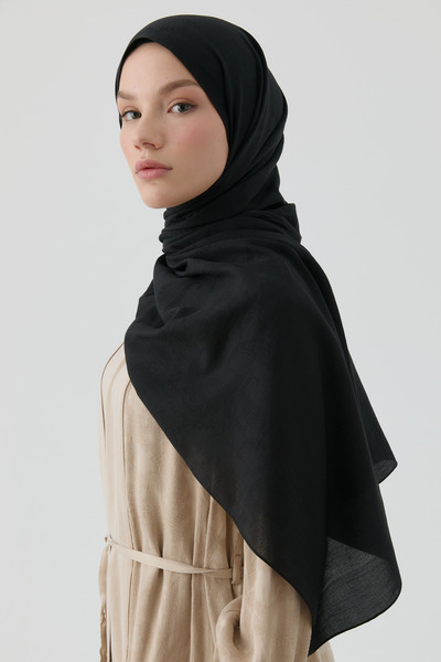 Tuğba Etnik İkat Desenli Nida Naturel Şal - Siyah