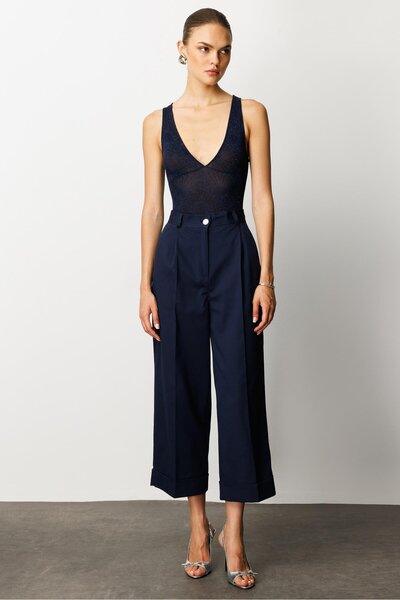 Moda İlgi Modailgi Yüksek Bel Pileli Bol Kesim Paçası Dubleli Pantolon - 70043 Lacivert