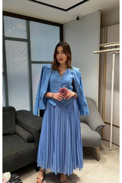 My twins Ewas Design Midi Length Skirt Pleated Dress Jacket Women's Linen Two-Piece Suit
