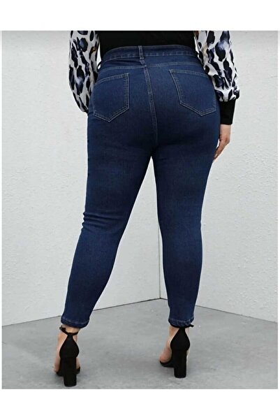 TRENDNATUREL Plus Size Navy Blue Lycra High Waist Jean Trousers