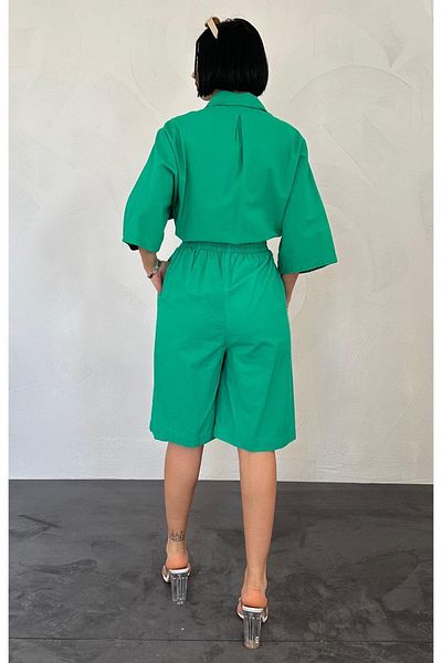 369 etnik butik Oversize Short Sleeve Shirt & Shorts 2-Piece Women's Set (Beige - Black - Fuchsia - White-Green)