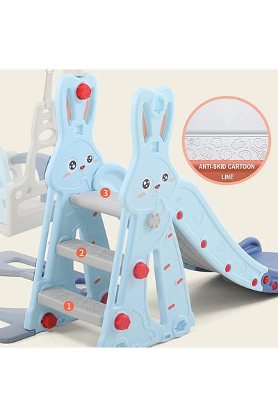 crossy أرجوحة ومنزلق 3 في 1 للأطفال مع حلقة كرة سلة، مجموعة ألعاب داخلية وخارجية، أرنب أزرق