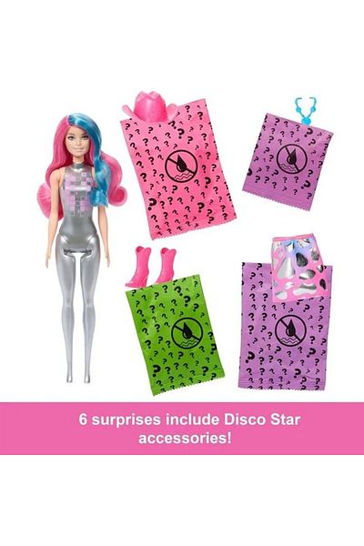 divendi-ro Păpușă Barbie cu dezvăluirea culorilor Disco Star, vârsta 3+ ani, 8,5x32cm, roz-albastru