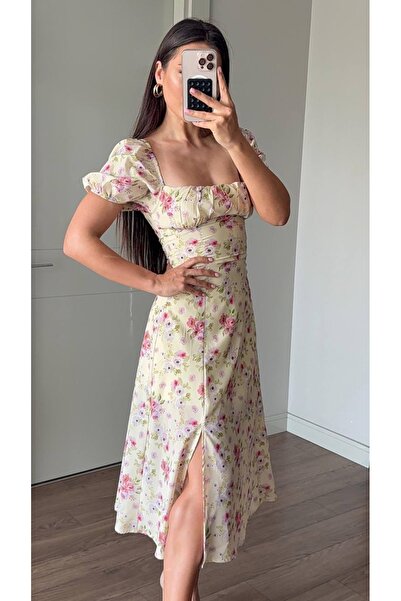 ELEGANTT ÇİÇEK DESENLİ YIRTMAÇLI YAZLIK KADIN ELBİSE