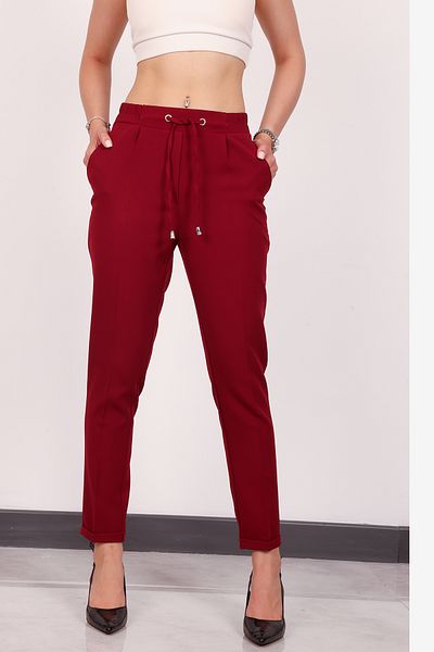 Stil Sepeti Women's Burgundy High Waist Elastic Narrow Leg Double Pocket Trousers Drl-1000464793