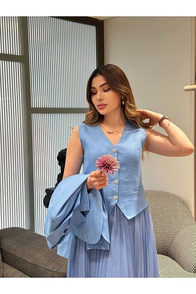 My twins Ewas Design Midi Length Skirt Pleated Dress Jacket Women's Linen Two-Piece Suit