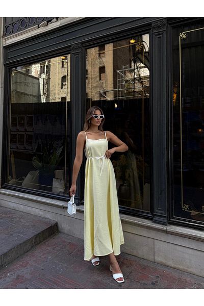 AlisaSu Linen Yellow Strap Long Casual Dress