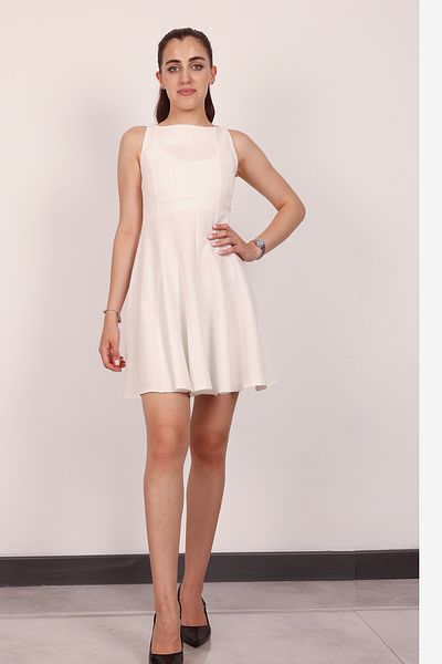 Stil Sepeti Women's Ecru Zero Sleeve Stitching Detailed Skirt Flounced Mini Dress Drl-1000789147